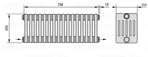 Схема (чертеж) Радиатор Zehnder Charleston 6030/16 №2670 Белый глянцевый RAL 9016